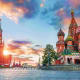 Red Square in Moscow with Kremlin tower and Saint Basil's Cathedral at sunset